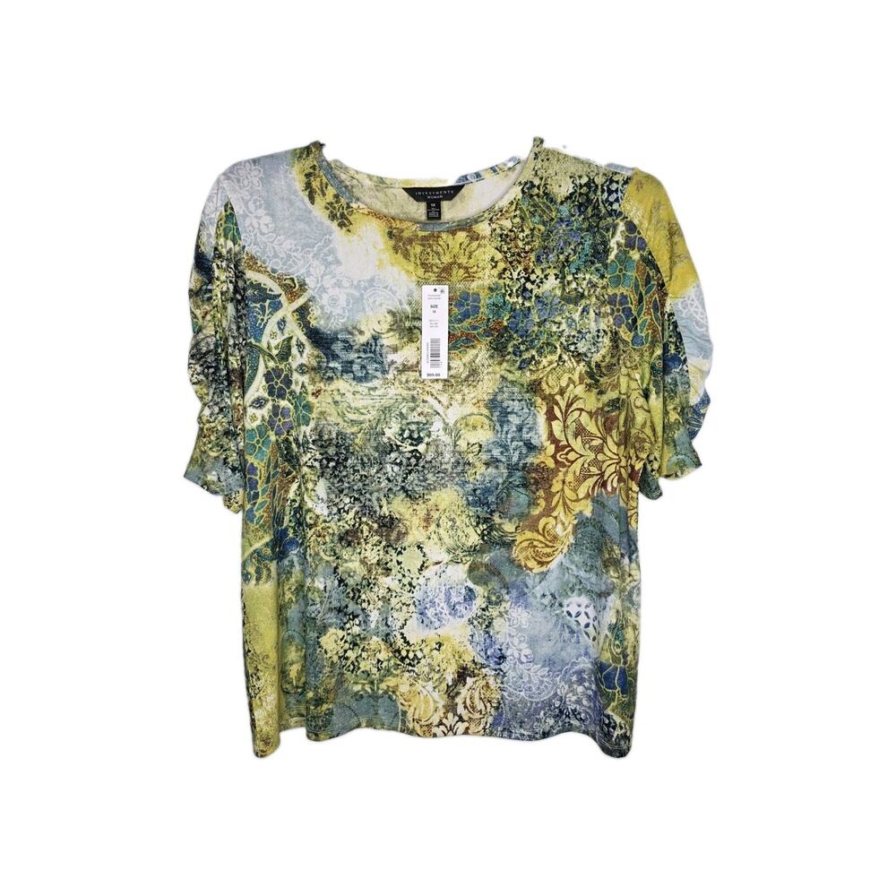 Investments Womens 1X Wearable Art Top Short Sleeve Stretch Multicolor Tapestry